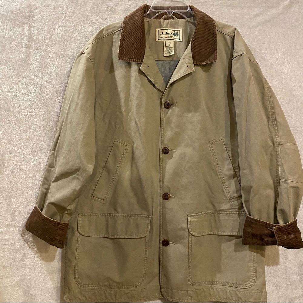 LLBean Jacket Men’s XL Tan Chore Barn Canvas Lined Corduroy Trim Button Down